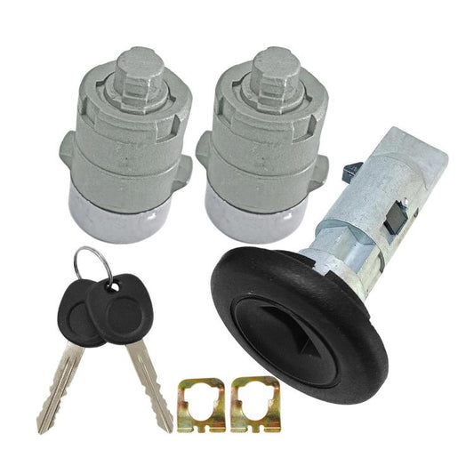 Ignition lock cylinder set with two keys, two gray cylinders, black exterior knob, clips