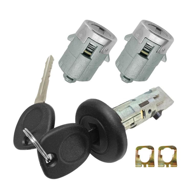 Ignition and door lock set with two keys, two gray cylinders, black lock knob, mounting plates