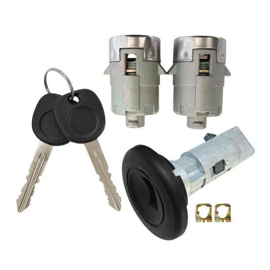Ignition and door lock cylinder set with two keys, black knob, metal lock parts