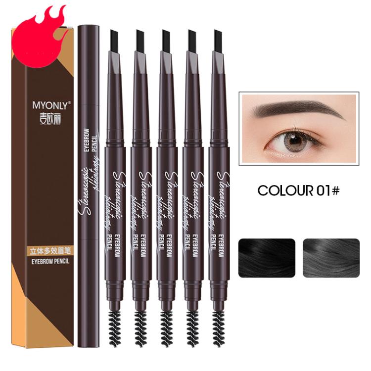 Dual-ended eyebrow pencil set with spoolie brush, assorted dark brown pencils with angled tips.