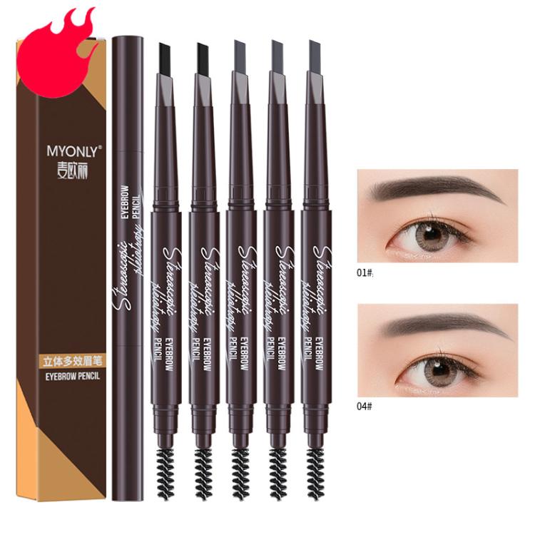 Dual-ended eyebrow pencil set with spoolie brush, slim dark brow pencils for shaping and filling.