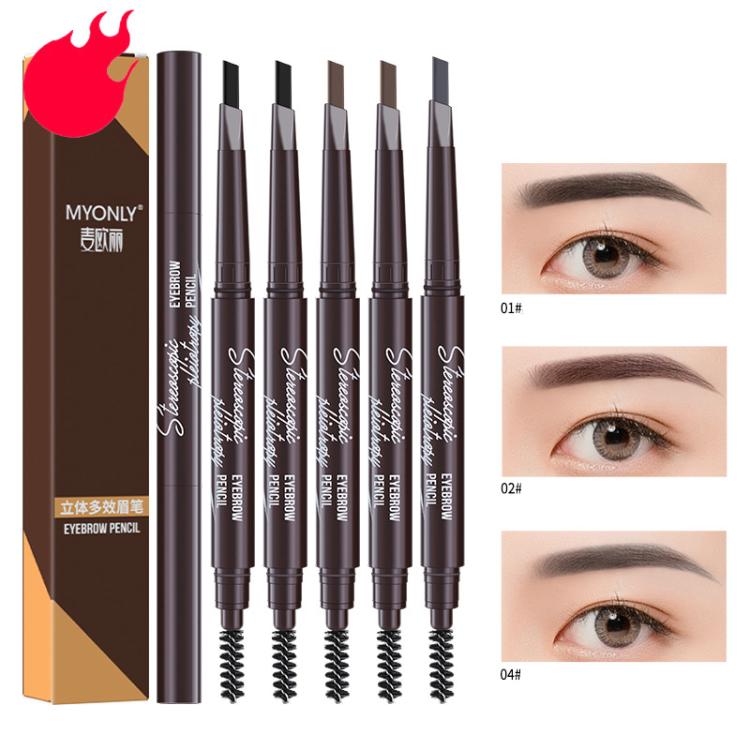 Dual-ended eyebrow pencil set with spoolie brush, swatches 01, 02, 04