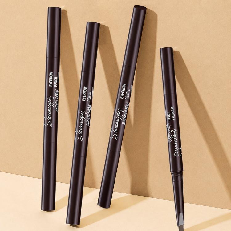 Dual-ended eyebrow pencils with spoolie brush, four dark-toned pencils laid out side by side