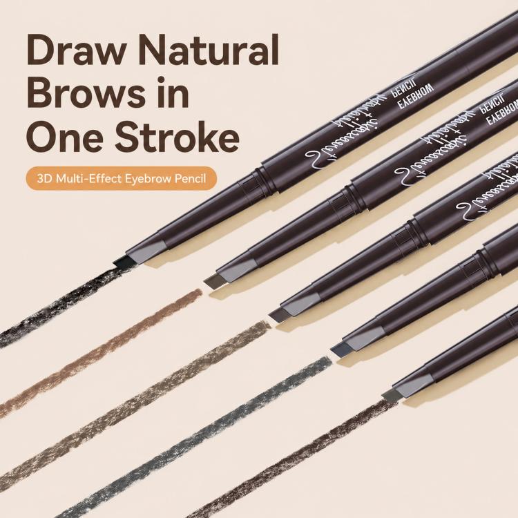 Dual-ended eyebrow pencils with spoolie brush, shown with drawn brow strokes