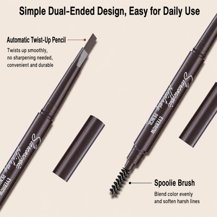 Dual-ended eyebrow pencil with spoolie brush, twist-up barrel and angled pencil tip