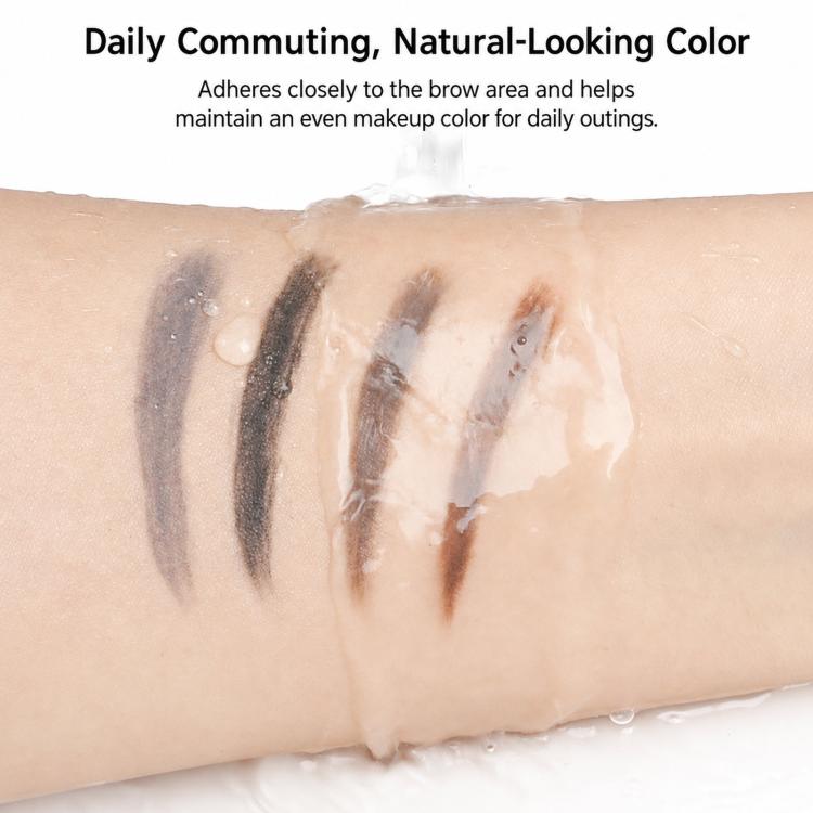 Eyebrow pencil swatches on skin, natural-looking color strokes and blending
