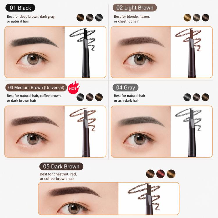 Eyebrow pencil shade chart with pencils and brow swatches in multiple tones