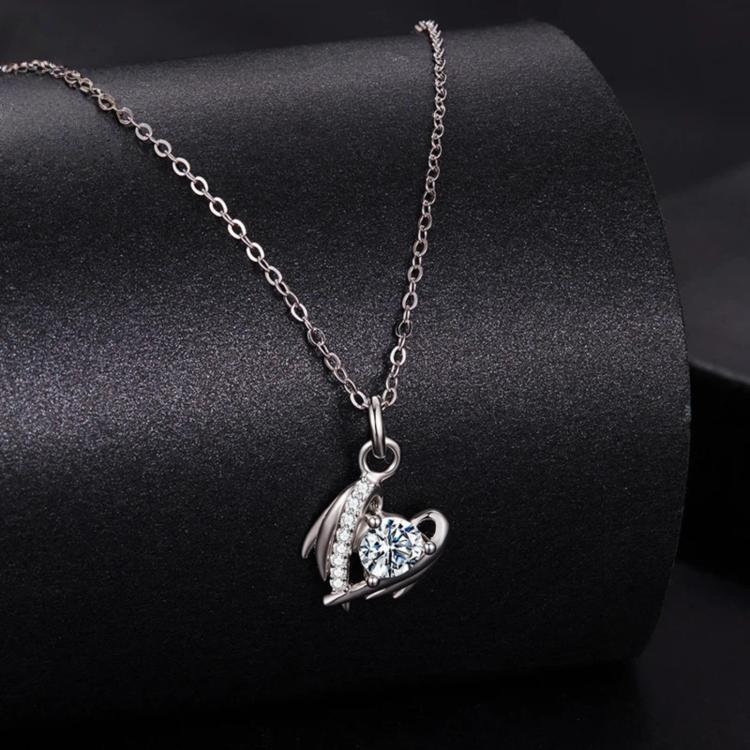 S925 Sterling Silver Heart Wing Moissanite Clavicle Necklace, MSN067
