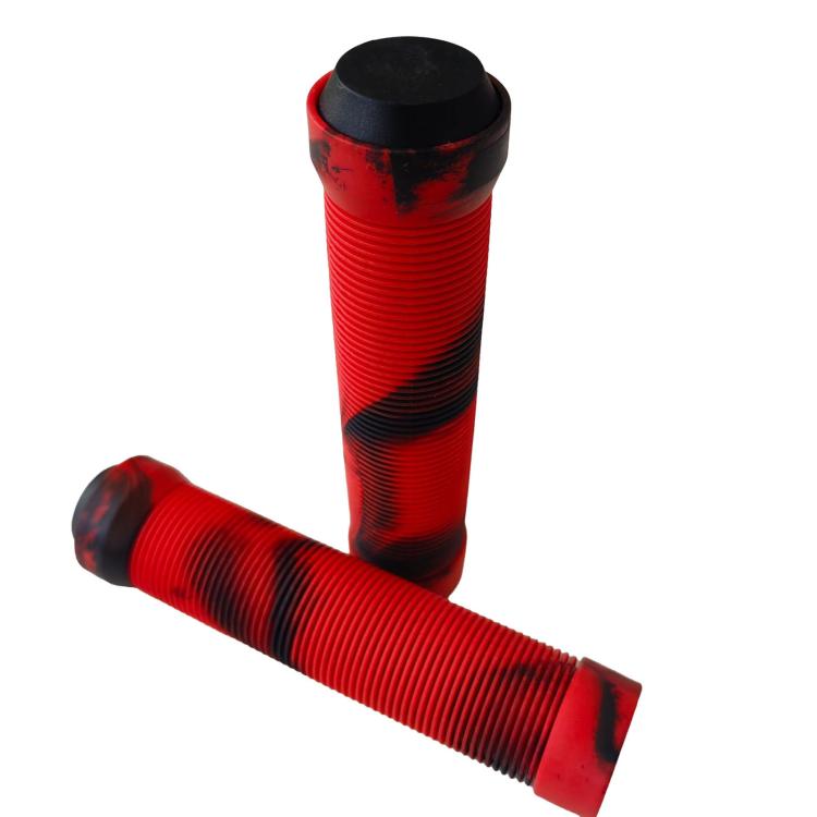 Red bike handlebar grips with textured anti-slip pattern and end caps
