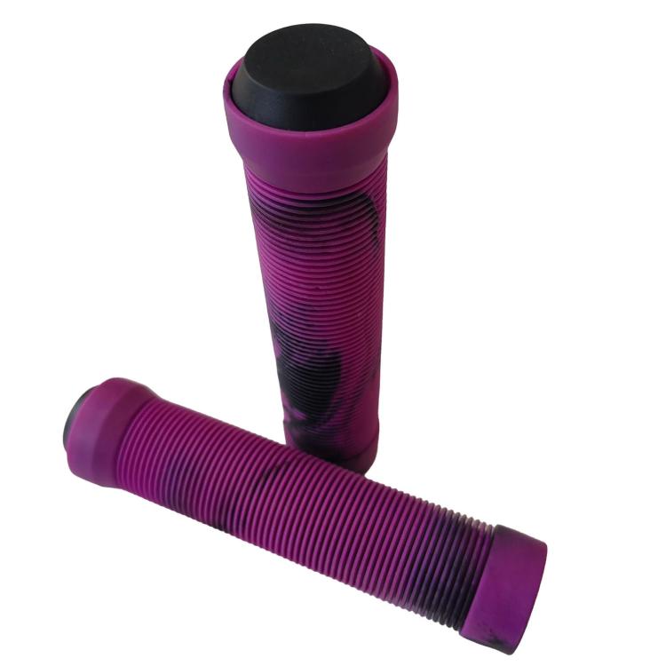Purple bike handlebar grips with textured anti-slip pattern and end caps