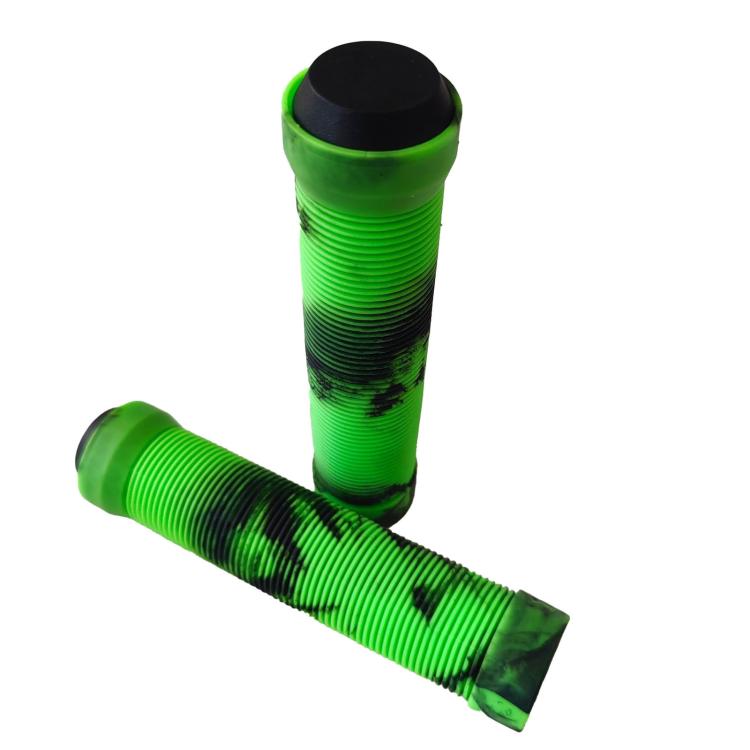 Green bike handlebar grips with textured anti-slip pattern and end caps