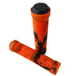 Orange bike handlebar grips with textured anti-slip pattern and end caps