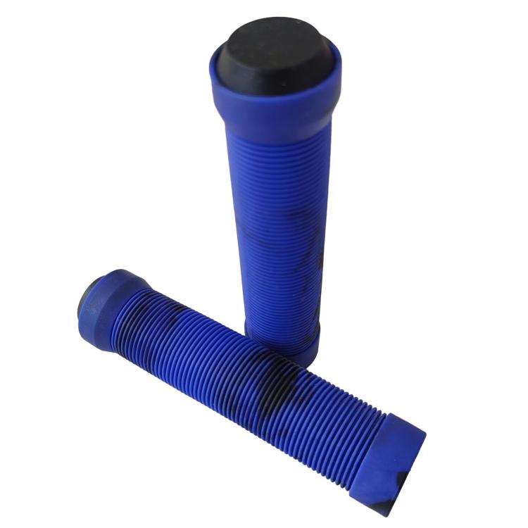 Dark blue bike handlebar grips with textured anti-slip pattern and end caps