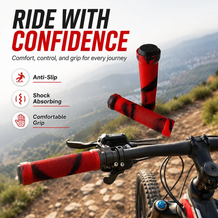 Red bike handlebar grips shown on a mountain bike handlebar