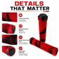 Red mountain bike handlebar grips with textured anti-slip rubber surface and end caps
