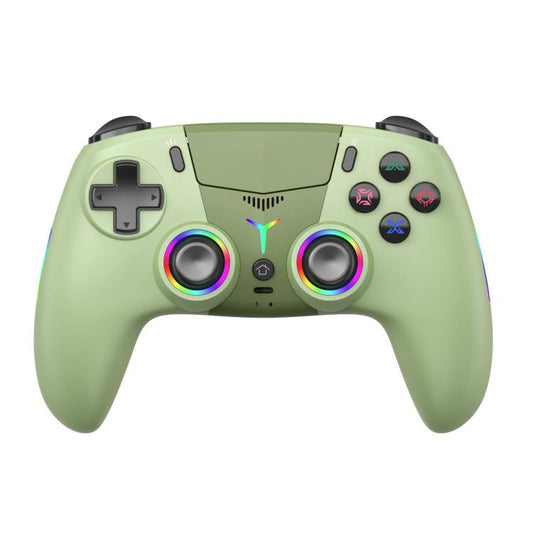 Green wireless game controller with RGB lights, dual thumbsticks, face buttons