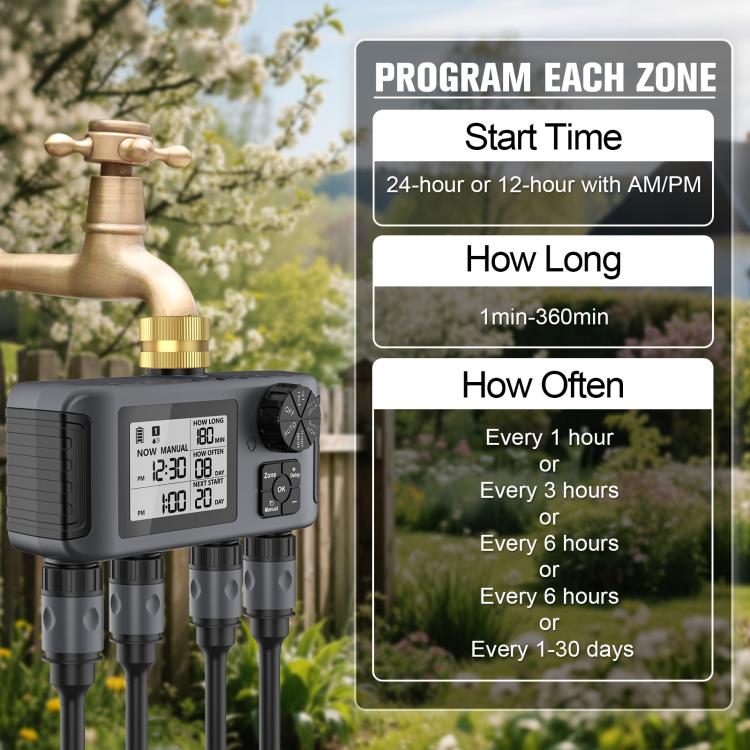 4 Zone Water Hose Timer Programmable 4 Outlet Garden Irrigation Controller with Rain Delay & Child Lock, SGW18