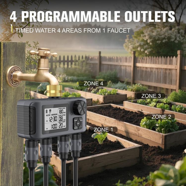 4 Zone Water Hose Timer Programmable 4 Outlet Garden Irrigation Controller with Rain Delay & Child Lock, SGW18