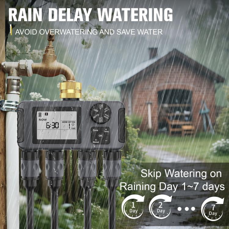 4 Zone Water Hose Timer Programmable 4 Outlet Garden Irrigation Controller with Rain Delay & Child Lock, SGW18