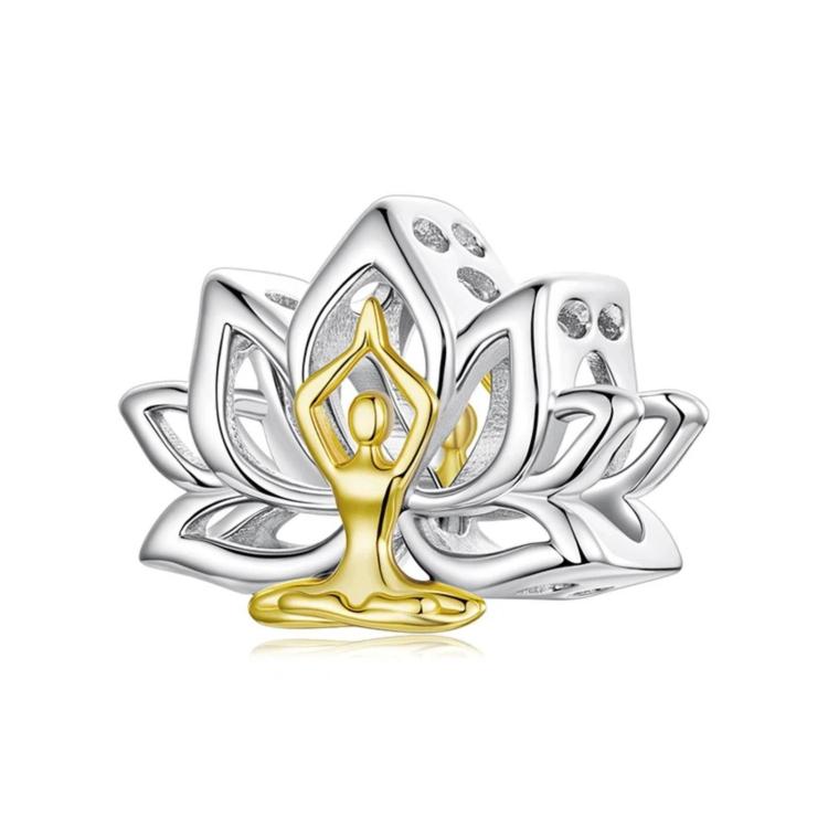 Lotus yoga charm bead with seated figure, silver-toned with gold accents