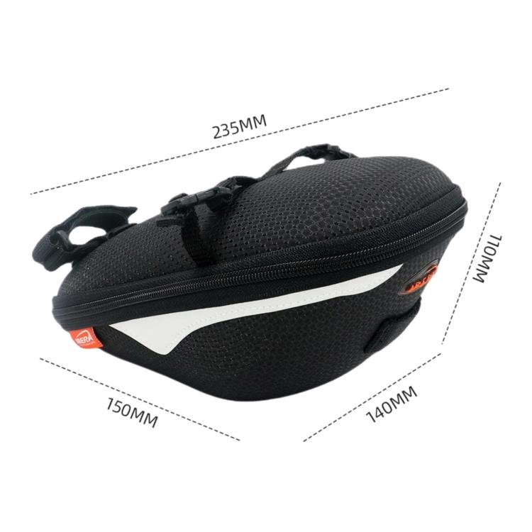 Black textured bike saddle bag with reflective stripe and zippered top compartment