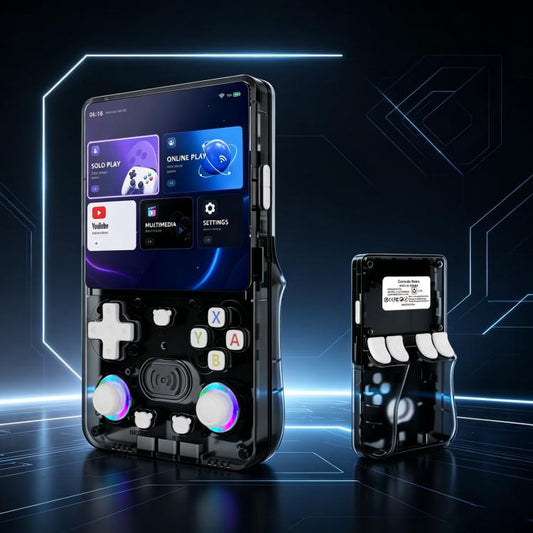 Transparent black retro handheld game console with dual joysticks and screen