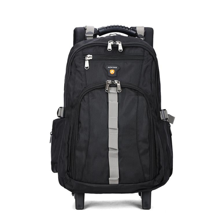 Black rolling backpack with telescopic handle, front zip pockets, and two front wheels.