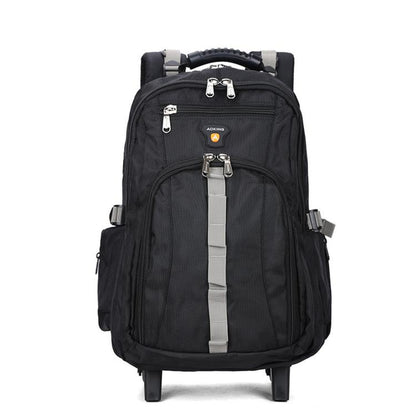 Black rolling backpack with telescopic handle, front zip pockets, and two front wheels.