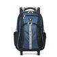 Blue rolling backpack with telescopic handle, front zip pockets, and two front wheels.