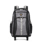 Gray rolling backpack with telescopic handle, front zip pockets, and two front wheels.
