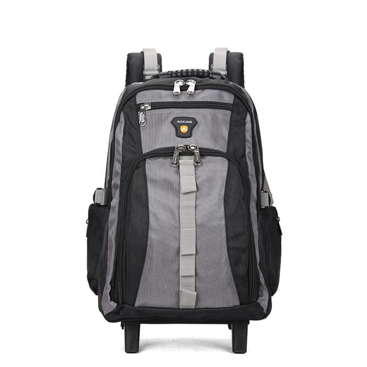 Gray rolling backpack with telescopic handle, front zip pockets, and two front wheels.