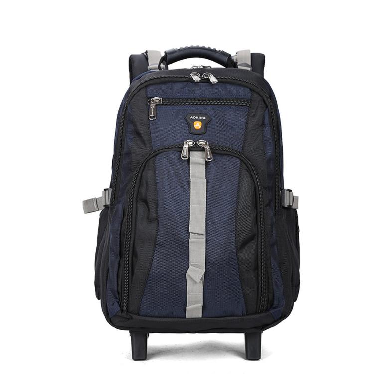 Navy blue rolling backpack with telescopic handle and front organizer panel with zip pockets.