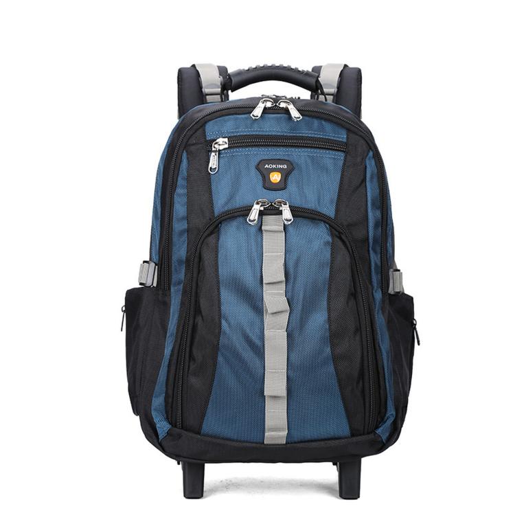 Blue rolling backpack with telescopic handle and front organizer panel with zip pockets.