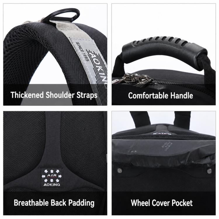 Black rolling backpack with thick shoulder straps, breathable back padding, and wheel cover pocket