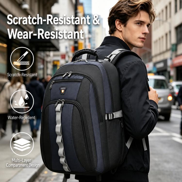 Navy rolling backpack with front zip pockets, padded shoulder straps and extended handle