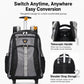 Black wheeled rolling backpack with upright telescopic handle and side storage pockets.