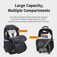 Black rolling backpack with multiple compartments and side zip pockets for travel essentials.