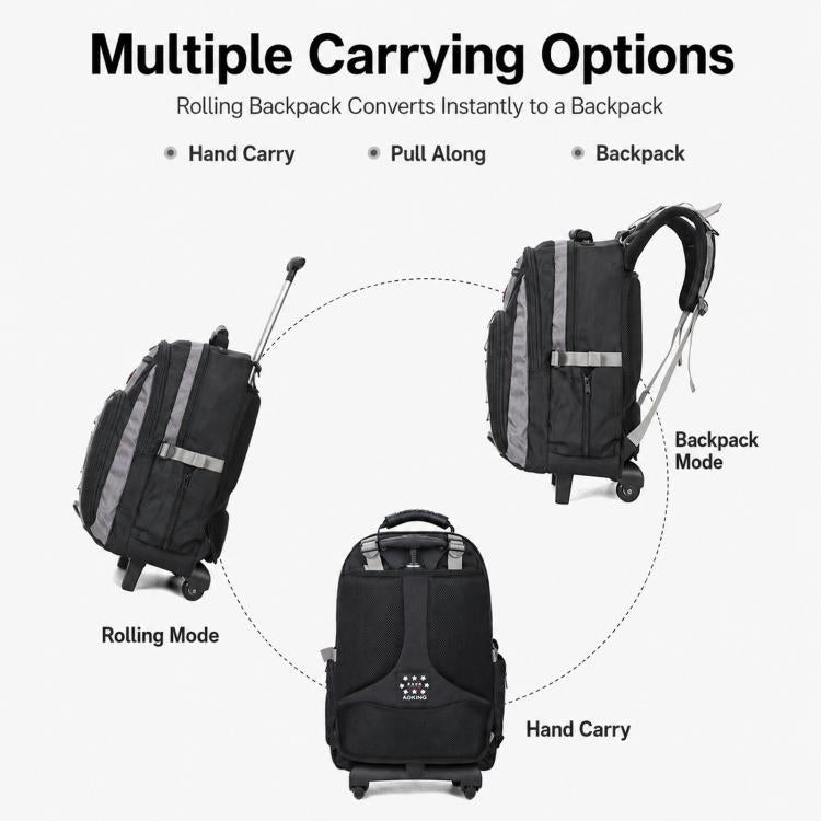 Black rolling backpack convertible to backpack mode, hand carry, and rolling mode