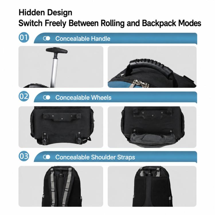 Black rolling backpack with concealed handle, wheels, and shoulder straps