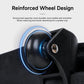 Black rolling backpack with reinforced wheel design and smooth caster