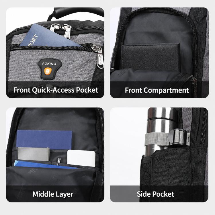Black rolling backpack front quick-access pocket, compartment, middle layer, side pocket