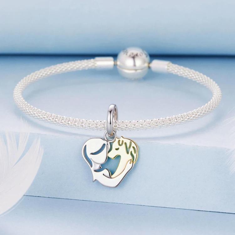 Silver-tone heart charm bracelet with glitter chain and small round clasp