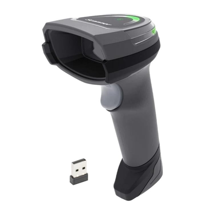 Handheld wireless 2D barcode scanner in dark gray with green status light