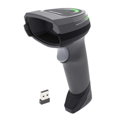 Handheld wireless 2D barcode scanner in dark gray with green status light