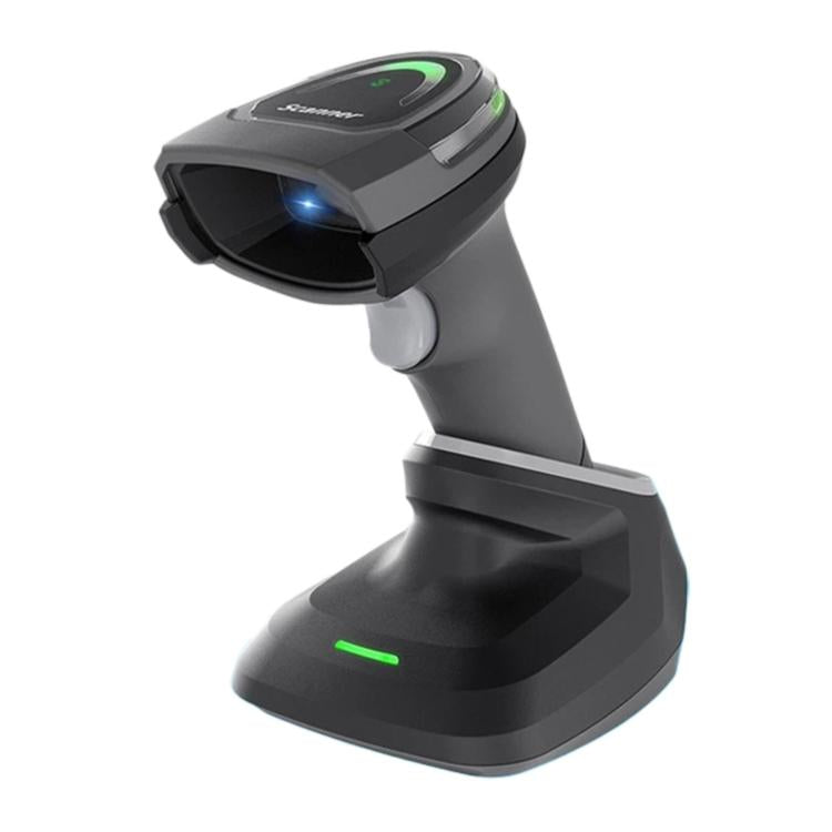 Wireless 2D barcode scanner with charging base stand, dark gray body and green LEDs