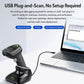 Wireless 2D barcode scanner on base with USB plug-and-scan design, dark gray
