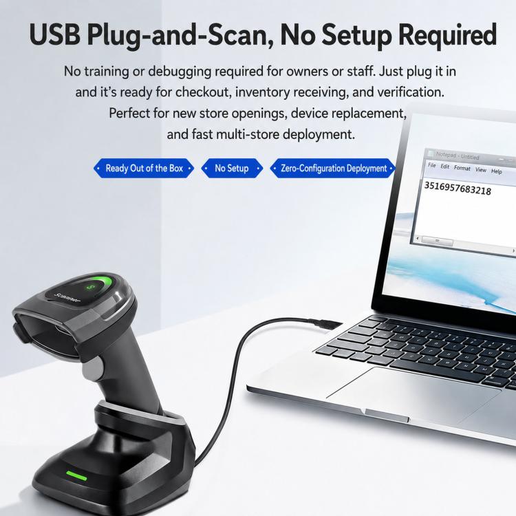 Wireless 2D barcode scanner on base with USB plug-and-scan design, dark gray