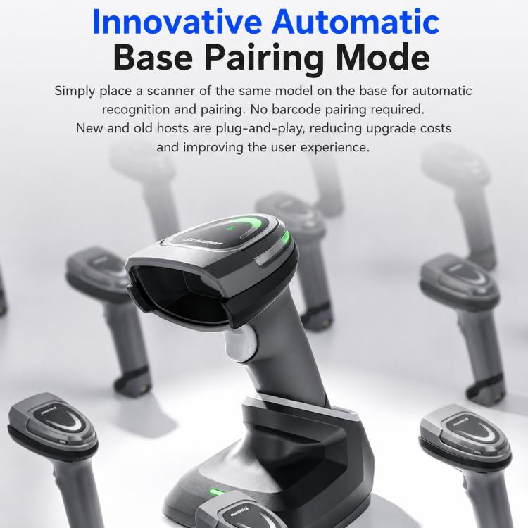 Wireless 2D barcode scanner on base for automatic pairing, dark gray body