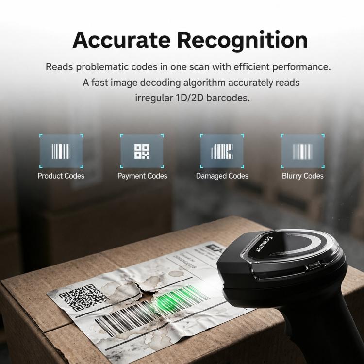 Wireless scanner aiming at a shipping label with green aiming light, black body