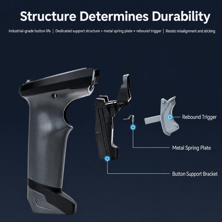 Wireless barcode scanner trigger grip with structure diagram, dark gray body